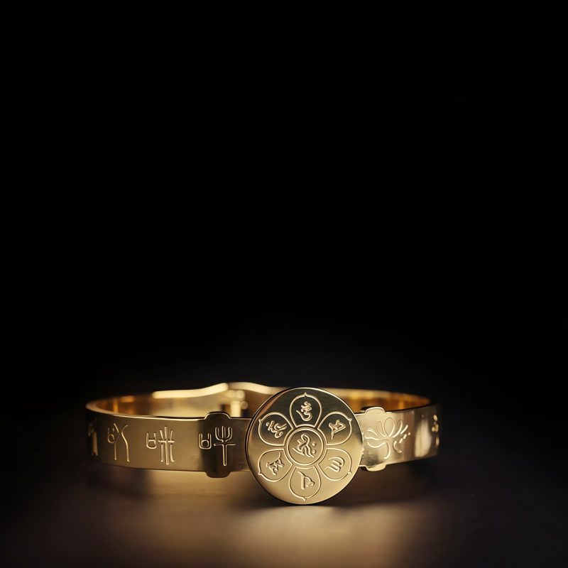 Pulsera Tibetana de Acero de Titanio con Símbolos Yin Yang y Loto Tibetan Titanium Steel Yin Yang Lotus Bracelet