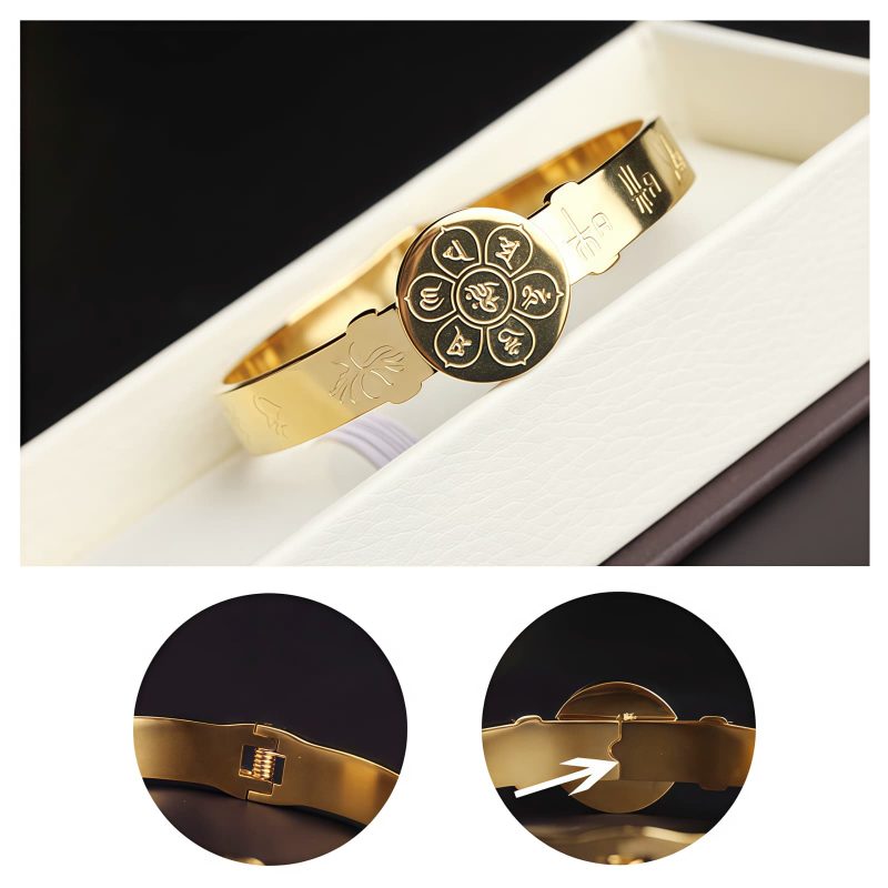 Pulsera Tibetana de Acero de Titanio con Símbolos Yin Yang y Loto Tibetan Titanium Steel Yin Yang Lotus Bracelet