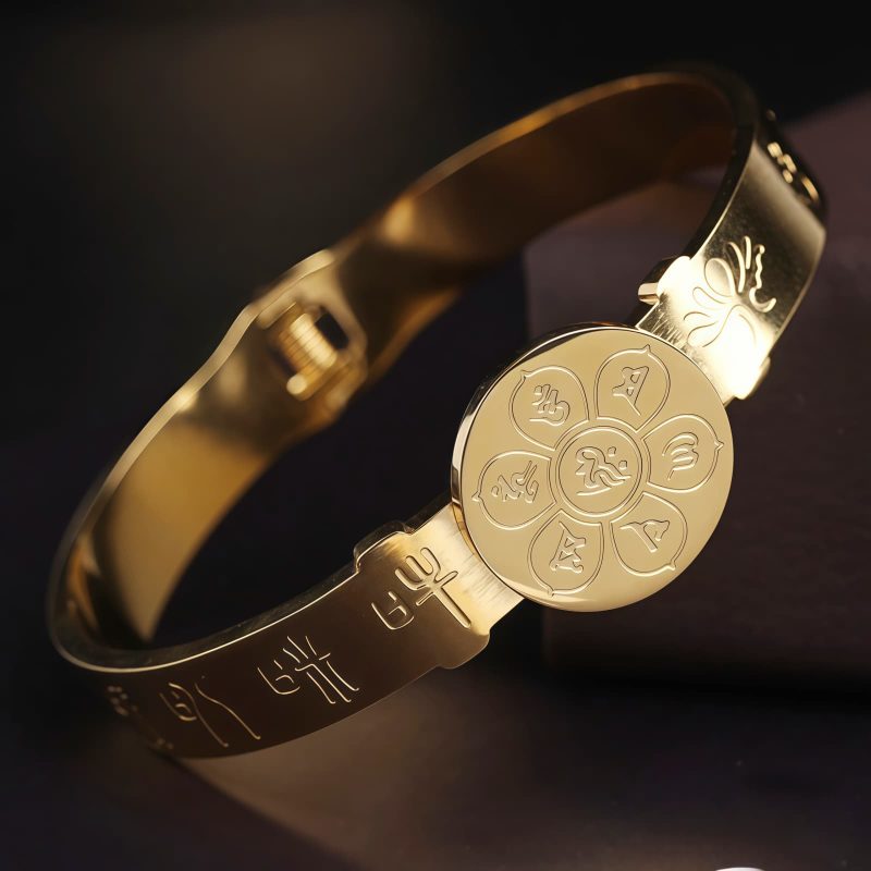 Pulsera Tibetana de Acero de Titanio con Símbolos Yin Yang y Loto Tibetan Titanium Steel Yin Yang Lotus Bracelet