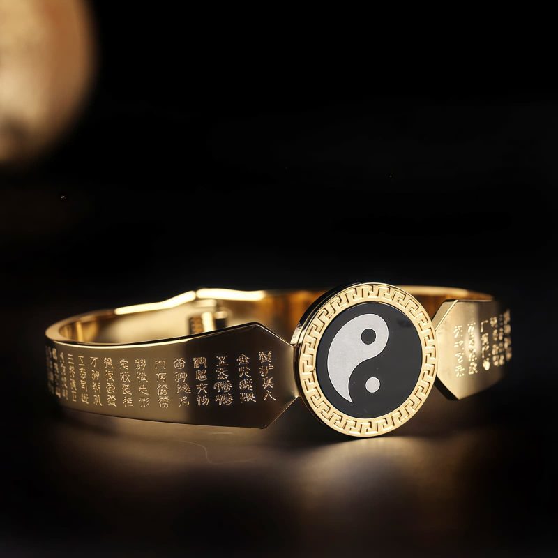 Pulsera Tibetana de Acero de Titanio con Símbolos Yin Yang y Loto Tibetan Titanium Steel Yin Yang Lotus Bracelet