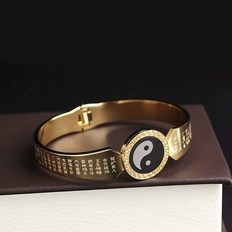 Pulsera Tibetana de Acero de Titanio con Símbolos Yin Yang y Loto Tibetan Titanium Steel Yin Yang Lotus Bracelet