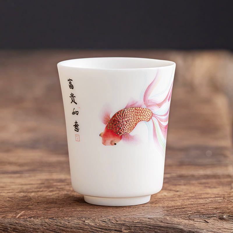 كوب شاي سيراميك أبيض مزخرف بأسماك الكوي White Ceramic Koi Fish Teacup