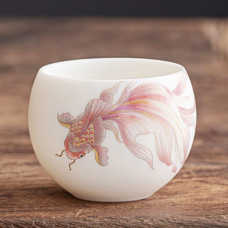 كوب شاي سيراميك أبيض مزخرف بأسماك الكوي White Ceramic Koi Fish Teacup