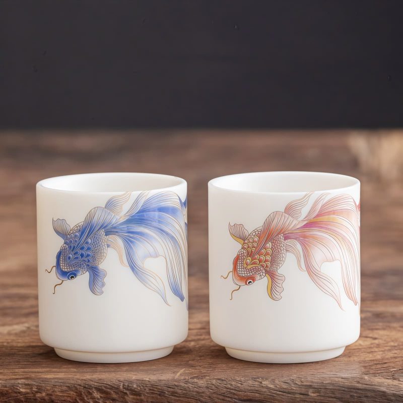 كوب شاي سيراميك أبيض مزخرف بأسماك الكوي White Ceramic Koi Fish Teacup