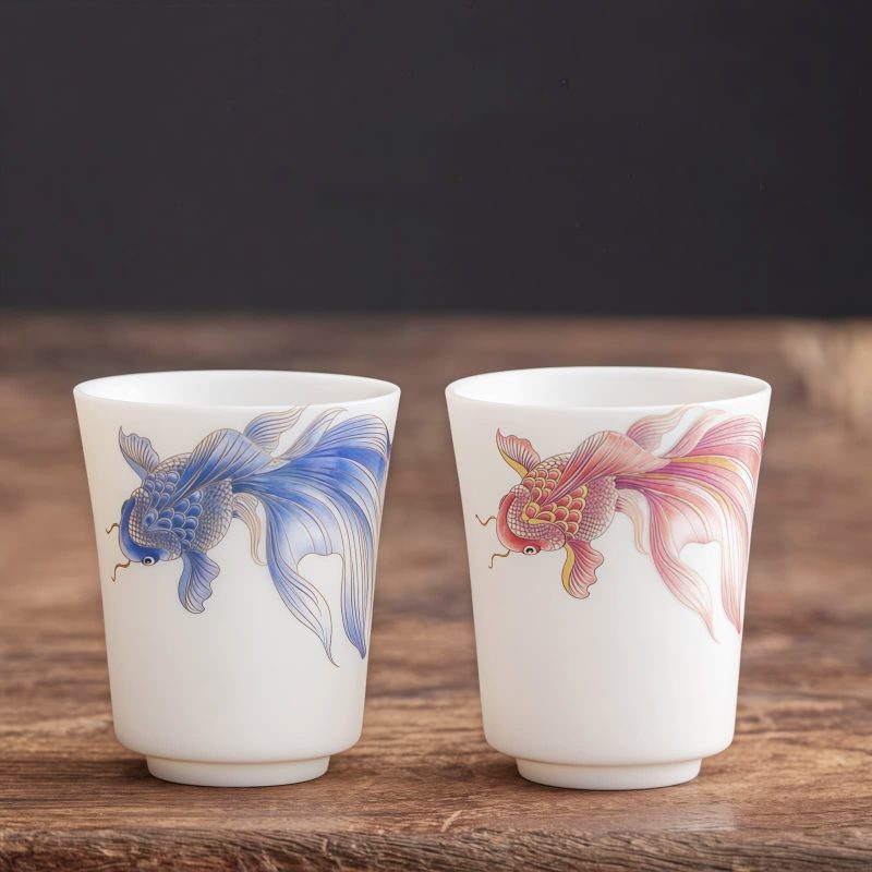 كوب شاي سيراميك أبيض مزخرف بأسماك الكوي White Ceramic Koi Fish Teacup
