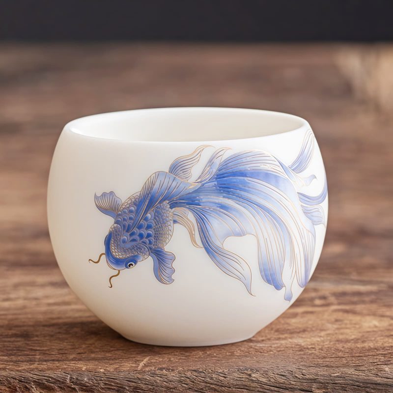 كوب شاي سيراميك أبيض مزخرف بأسماك الكوي White Ceramic Koi Fish Teacup
