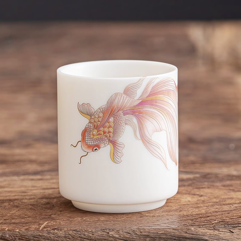 كوب شاي سيراميك أبيض مزخرف بأسماك الكوي White Ceramic Koi Fish Teacup