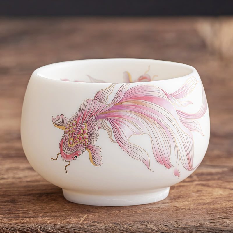 كوب شاي سيراميك أبيض مزخرف بأسماك الكوي White Ceramic Koi Fish Teacup