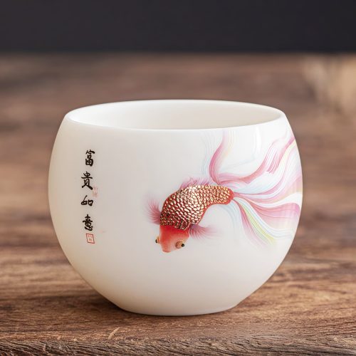 Taza de Té de Cerámica Blanca con Pez Koi Taza de Té de Cerámica Blanca con Pez Koi