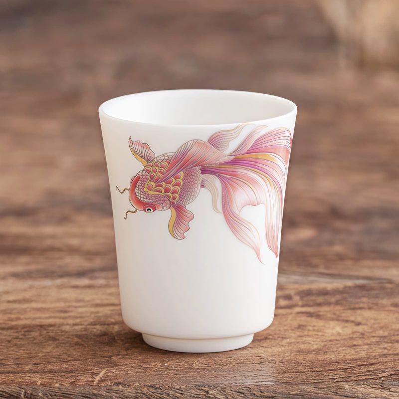 كوب شاي سيراميك أبيض مزخرف بأسماك الكوي White Ceramic Koi Fish Teacup