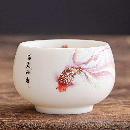 Taza de Té de Cerámica Blanca con Pez Koi Taza de Té de Cerámica Blanca con Pez Koi