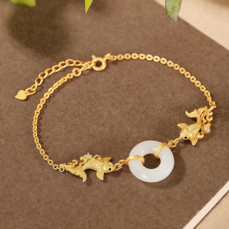 Pulseira de Jade Branco com Peixe Koi para Prosperidade White Jade Koi Fish Wealth Bracelet