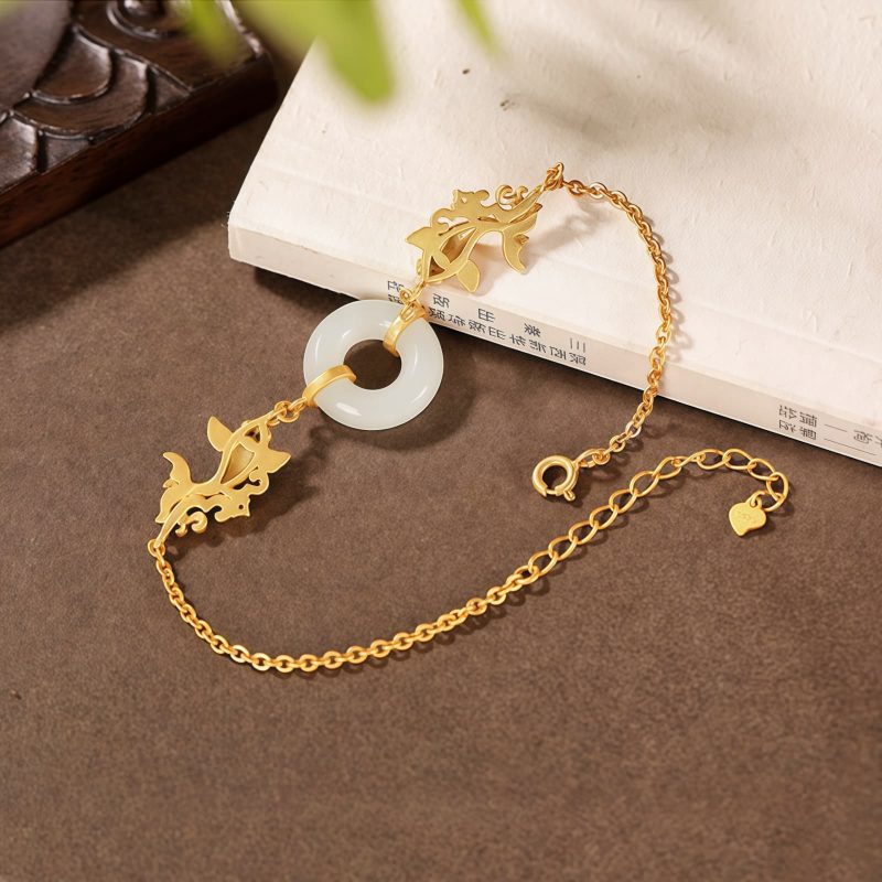 Pulseira de Jade Branco com Peixe Koi para Prosperidade White Jade Koi Fish Wealth Bracelet