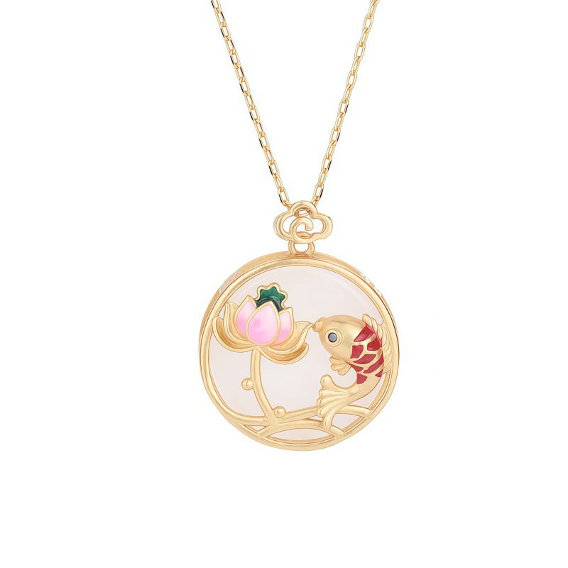 Collar con dije de Loto y Koi de Jade Blanco White Jade Koi Lotus Pendant Necklace