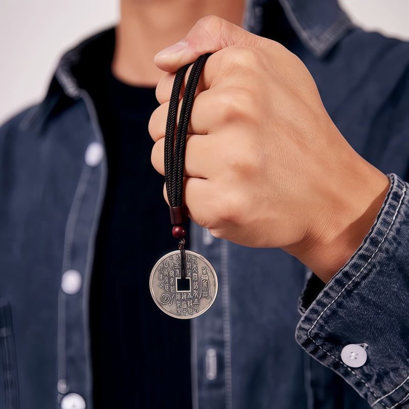 Collar con dije de Bagua Yin Yang chapado en plata Yin Yang Bagua Silver Plated Pendant Necklace