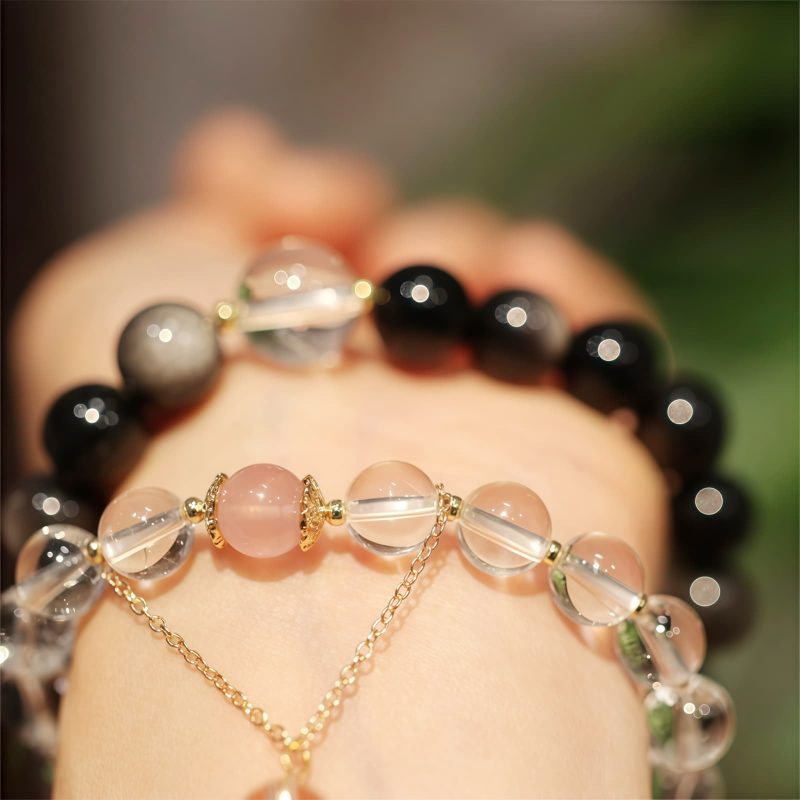 Pulsera de Cristal Yin Yang para Parejas con Obsidiana de Brillo Plateado Yin Yang Crystal Couple Bracelet with Silver Sheen Obsidian