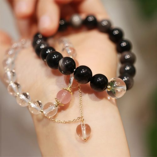 Pulsera de Cristal Yin Yang para Parejas con Obsidiana de Brillo Plateado Pulsera de Cristal Yin Yang para Parejas con Obsidiana de Brillo Plateado