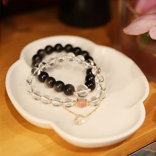 Pulsera de Cristal Yin Yang para Parejas con Obsidiana de Brillo Plateado Pulsera de Cristal Yin Yang para Parejas con Obsidiana de Brillo Plateado