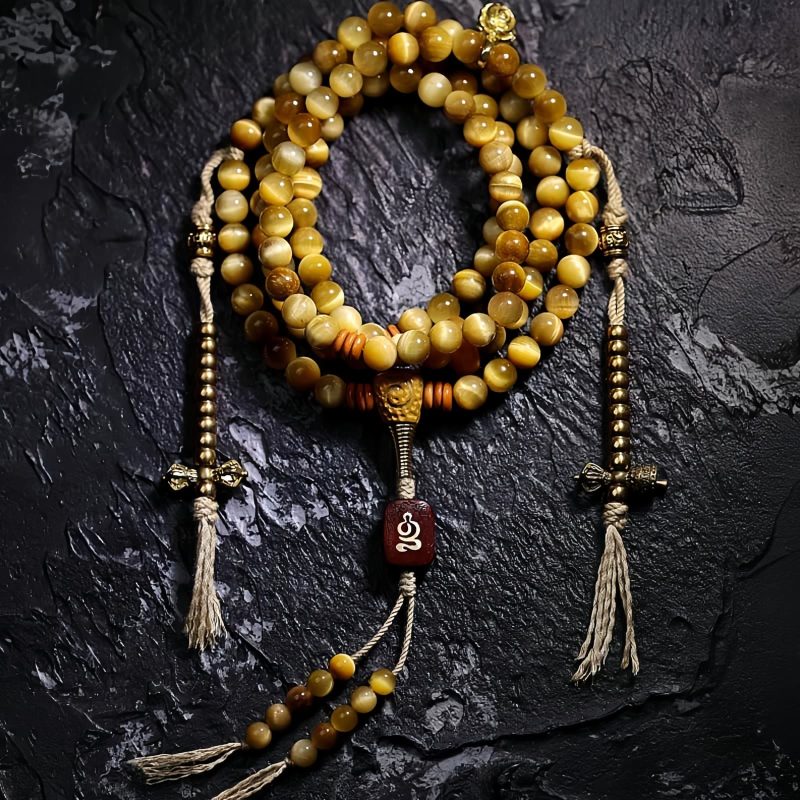 سوار يد من خرز مالا 108 حبة من عين النمر مع شرابة دورجي 108 Mala Beads Tiger Eye Dorje Tassel Bracelet