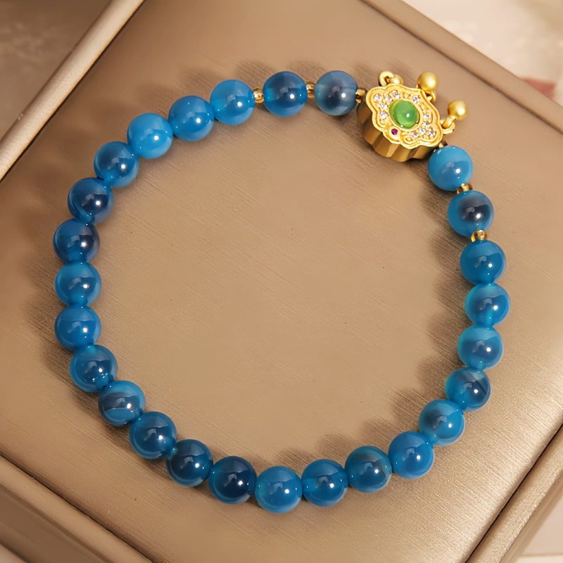 Pulsera con dije de cerradura china y ágata azul caramelo Blue Candy Agate Chinese Lock Charm Bracelet