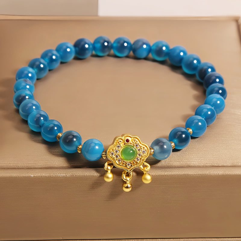 Pulsera con dije de cerradura china y ágata azul caramelo Blue Candy Agate Chinese Lock Charm Bracelet