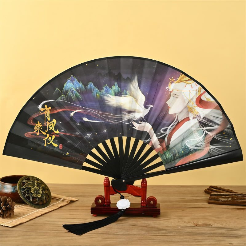 مروحة يدوية قابلة للطي بتصميم تنين وفينيق صيني Chinese Dragon Phoenix Handheld Folding Fan