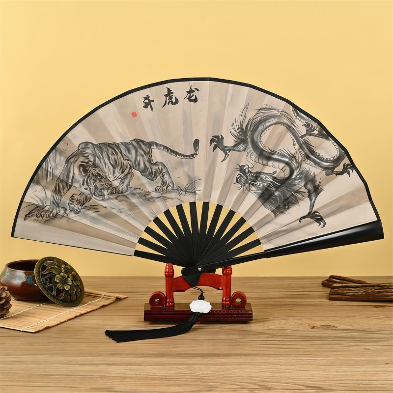 مروحة يدوية قابلة للطي بتصميم تنين وفينيق صيني Chinese Dragon Phoenix Handheld Folding Fan
