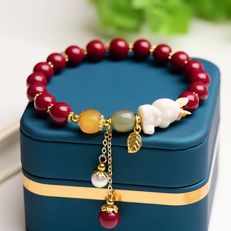 Cinnabar and Jade Bunny Blessing Bracelet Cinnabar and Jade Bunny Blessing Bracelet