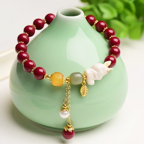 Pulsera de Bendición Conejo de Cinabrio y Jade Hetian Pulsera de Bendición Conejo de Cinabrio y Jade Hetian