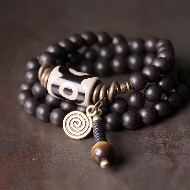 Pulseira de Proteção em Ébano, Contas Dzi e Cobre Ebony Dzi Bead Copper Protection Bracelet