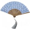 竹製ハンドル付き刺繍綿折りたたみ扇 Embroidered Cotton Folding Fan with Bamboo Handle