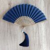 竹製ハンドル付き刺繍綿折りたたみ扇 Embroidered Cotton Folding Fan with Bamboo Handle