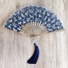 竹製ハンドル付き刺繍綿折りたたみ扇 Embroidered Cotton Folding Fan with Bamboo Handle