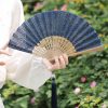 竹製ハンドル付き刺繍綿折りたたみ扇 Embroidered Cotton Folding Fan with Bamboo Handle