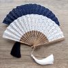 竹製ハンドル付き刺繍綿折りたたみ扇 Embroidered Cotton Folding Fan with Bamboo Handle