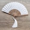 竹製ハンドル付き刺繍綿折りたたみ扇 Embroidered Cotton Folding Fan with Bamboo Handle