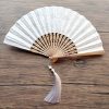 竹製ハンドル付き刺繍綿折りたたみ扇 Embroidered Cotton Folding Fan with Bamboo Handle