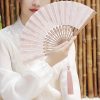 竹製ハンドル付き刺繍綿折りたたみ扇 Embroidered Cotton Folding Fan with Bamboo Handle
