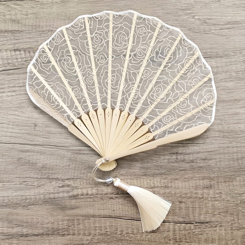 Abanico Plegable de Bambú con Encaje Rosa y Borlas Rose Lace Bamboo Folding Fan with Tassels