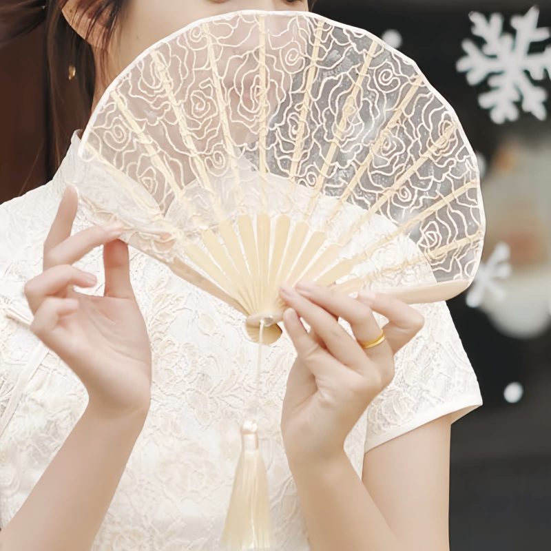 Abanico Plegable de Bambú con Encaje Rosa y Borlas Rose Lace Bamboo Folding Fan with Tassels