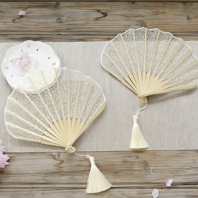 Abanico Plegable de Bambú con Encaje Rosa y Borlas Rose Lace Bamboo Folding Fan with Tassels