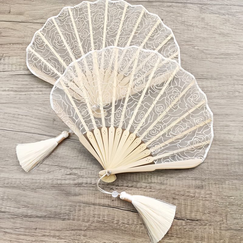 Abanico Plegable de Bambú con Encaje Rosa y Borlas Rose Lace Bamboo Folding Fan with Tassels
