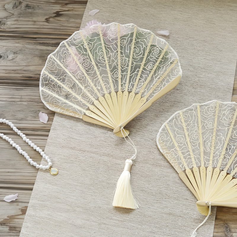 Abanico Plegable de Bambú con Encaje Rosa y Borlas Rose Lace Bamboo Folding Fan with Tassels