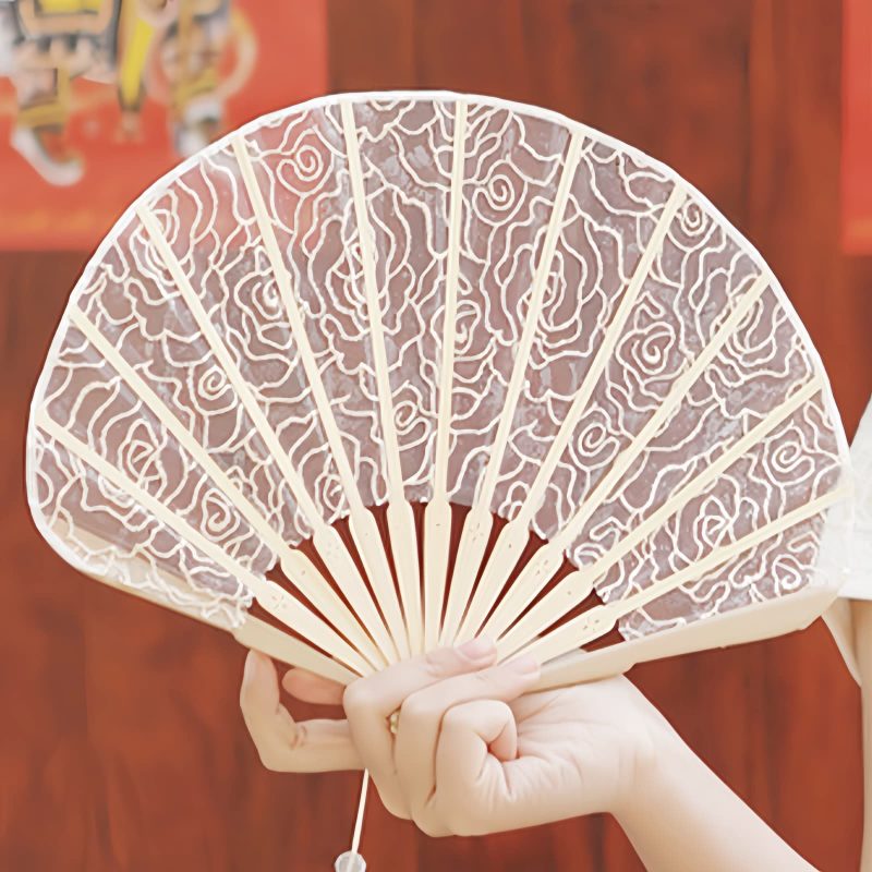 Abanico Plegable de Bambú con Encaje Rosa y Borlas Rose Lace Bamboo Folding Fan with Tassels