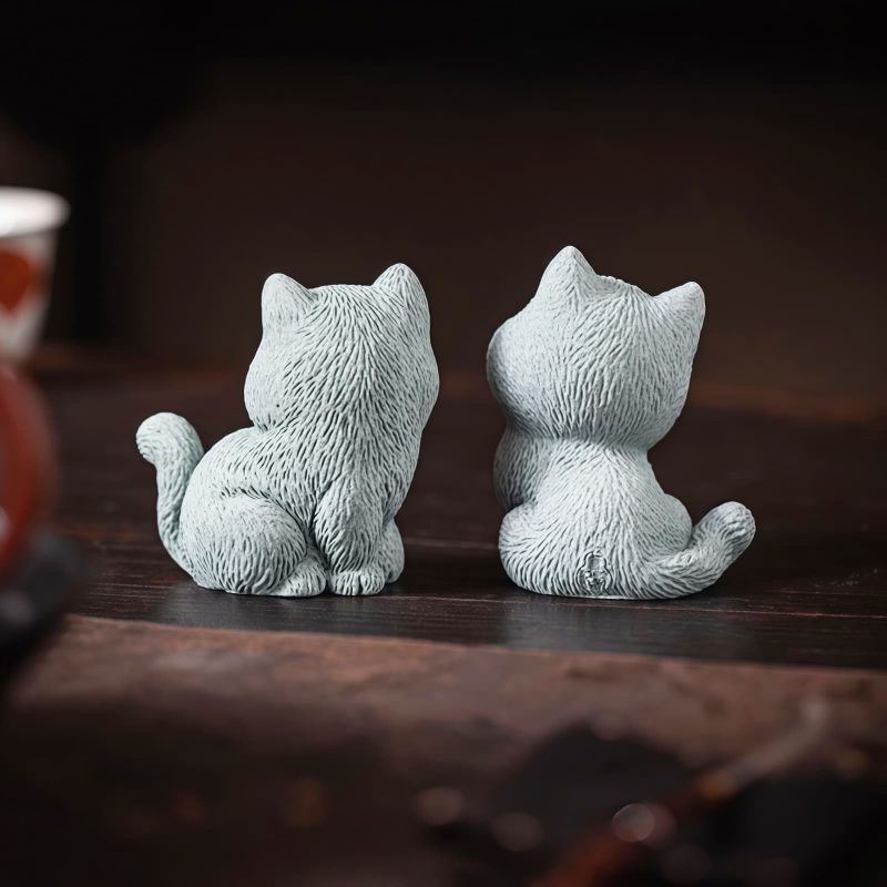 Figuras de Gato de Arenisca para Decoración de Ceremonia del Té Sandstone Cat Figurines for Tea Ceremony Decoration