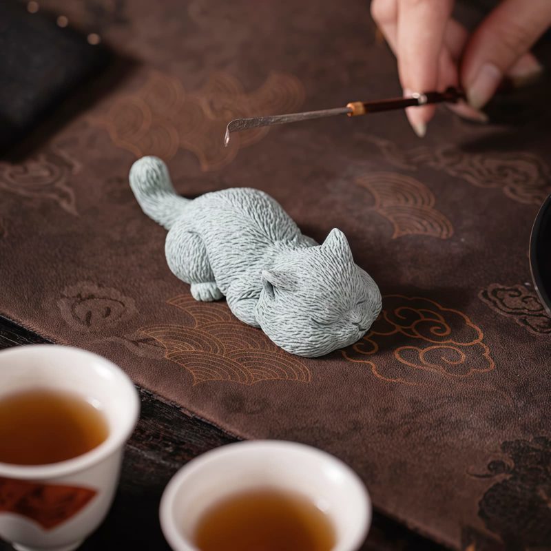 Figuras de Gato de Arenisca para Decoración de Ceremonia del Té Sandstone Cat Figurines for Tea Ceremony Decoration