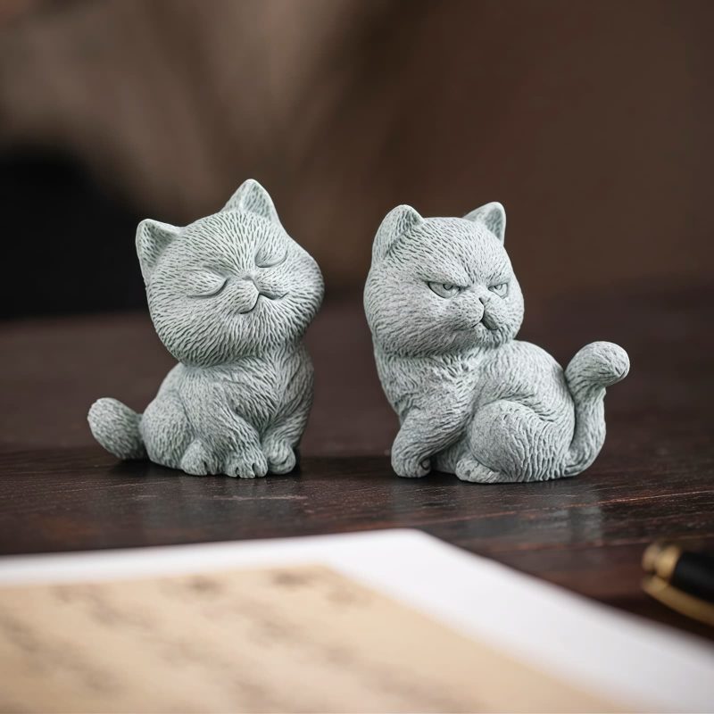 Figuras de Gato de Arenisca para Decoración de Ceremonia del Té Sandstone Cat Figurines for Tea Ceremony Decoration