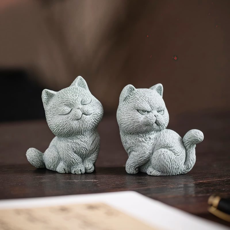 Figuras de Gato de Arenisca para Decoración de Ceremonia del Té Sandstone Cat Figurines for Tea Ceremony Decoration