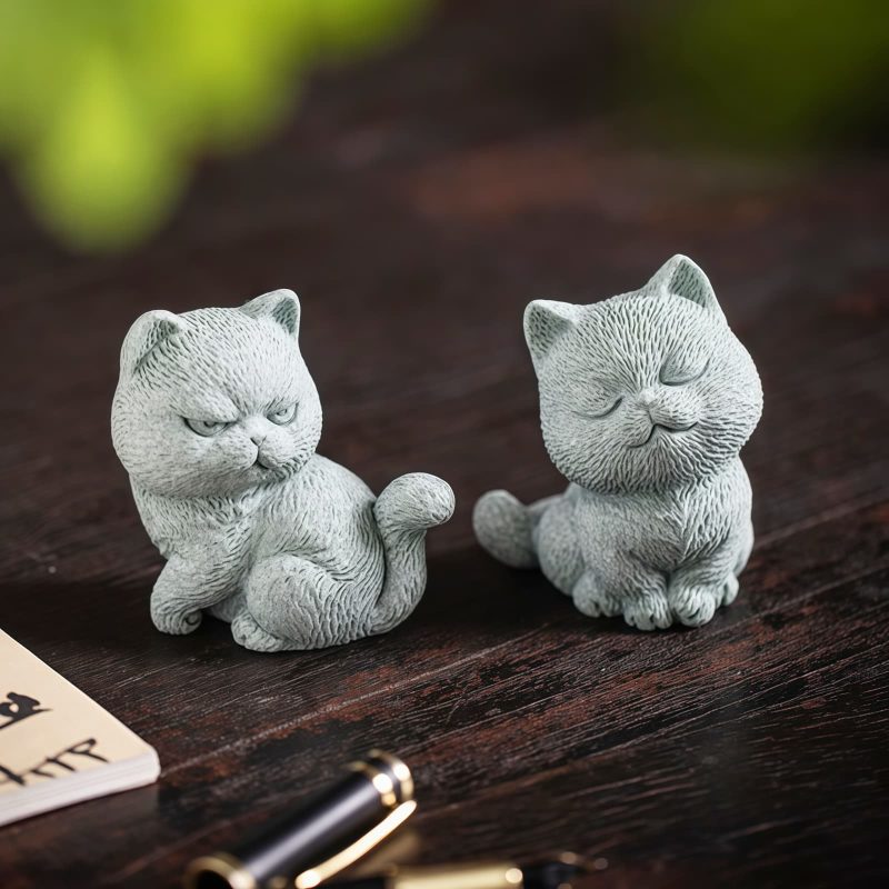 Figuras de Gato de Arenisca para Decoración de Ceremonia del Té Sandstone Cat Figurines for Tea Ceremony Decoration