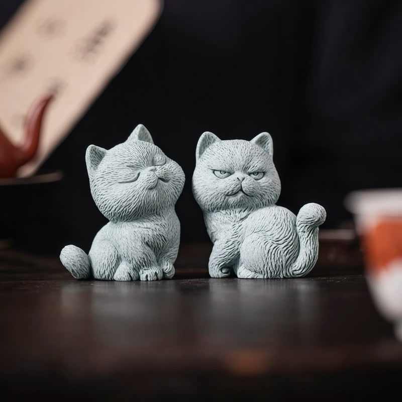 Figuras de Gato de Arenisca para Decoración de Ceremonia del Té Sandstone Cat Figurines for Tea Ceremony Decoration